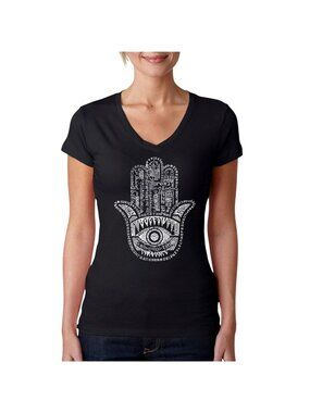 NWT La Pop Art Art "Protect" Hamsa Hand Divine Graphic V-Neck T-Shirt Black XL